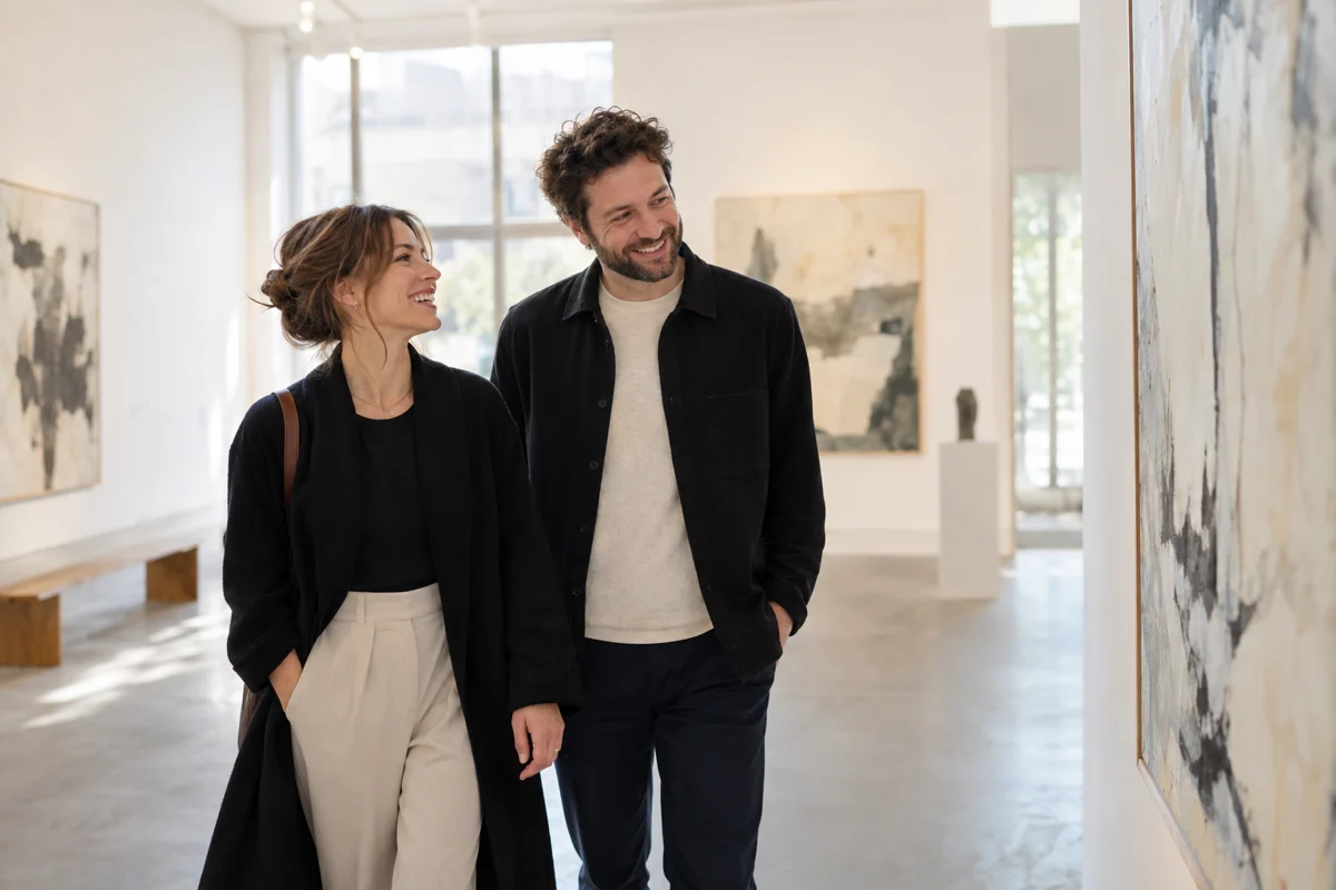 A couple enjoying an afternoon in a small art gallery