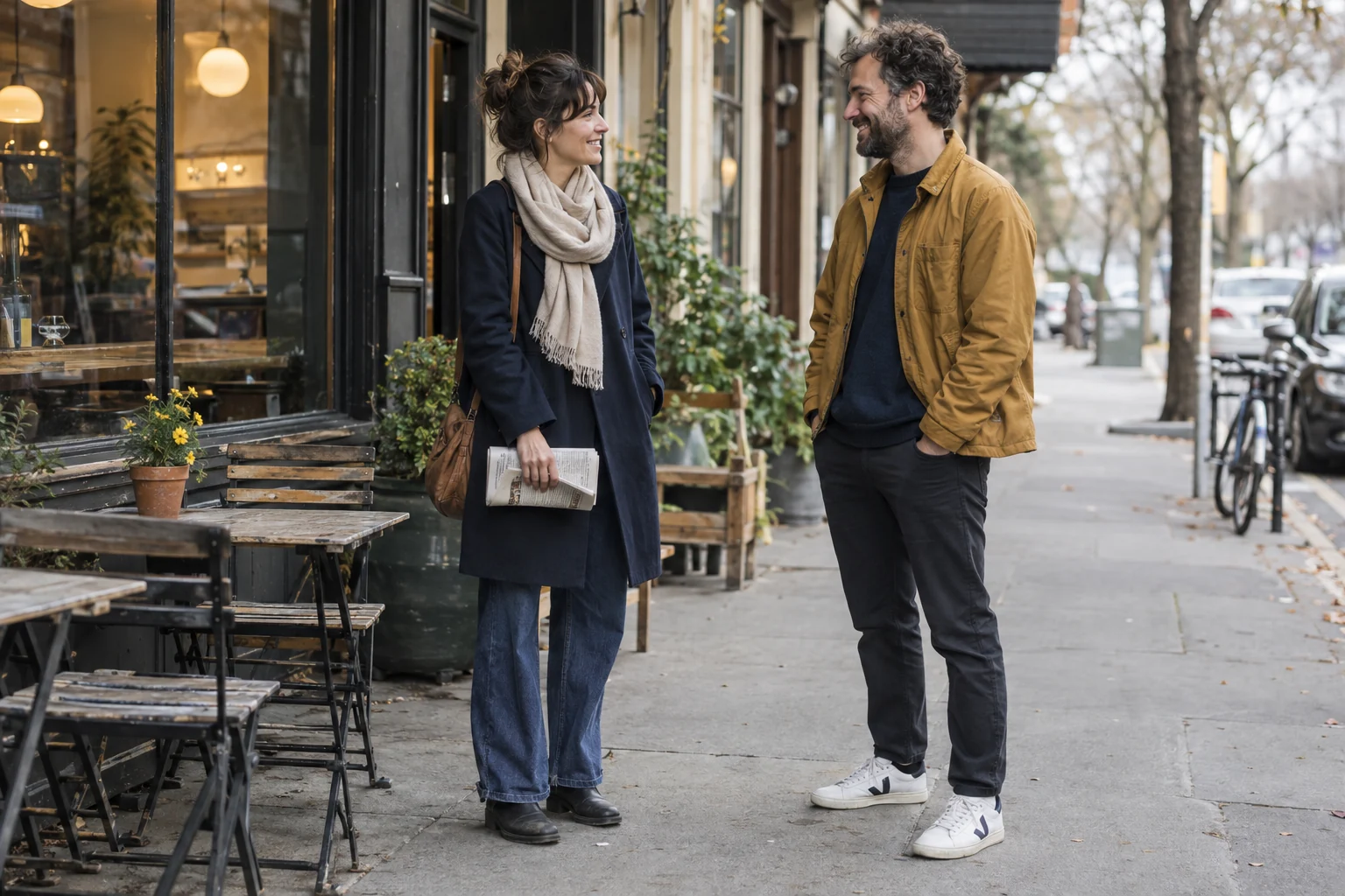 Two adults talking for the first time outside a neighborhood cafe