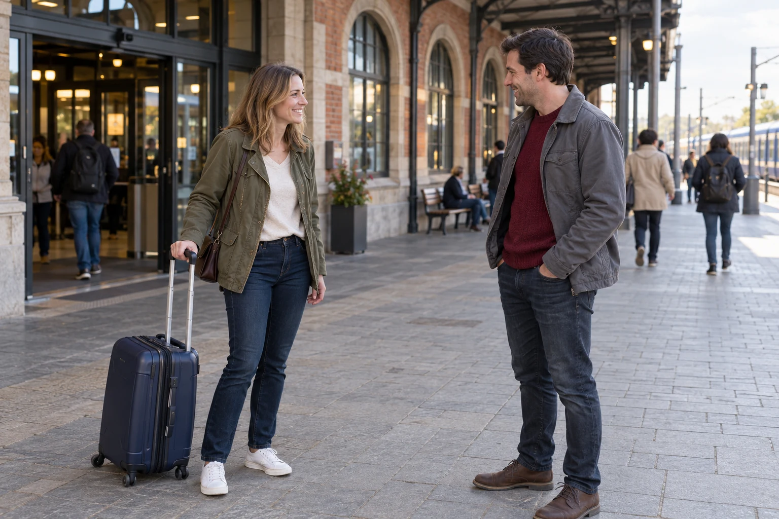 Two adults greeting each other outside a train station, with a small suitcase beside the traveler
