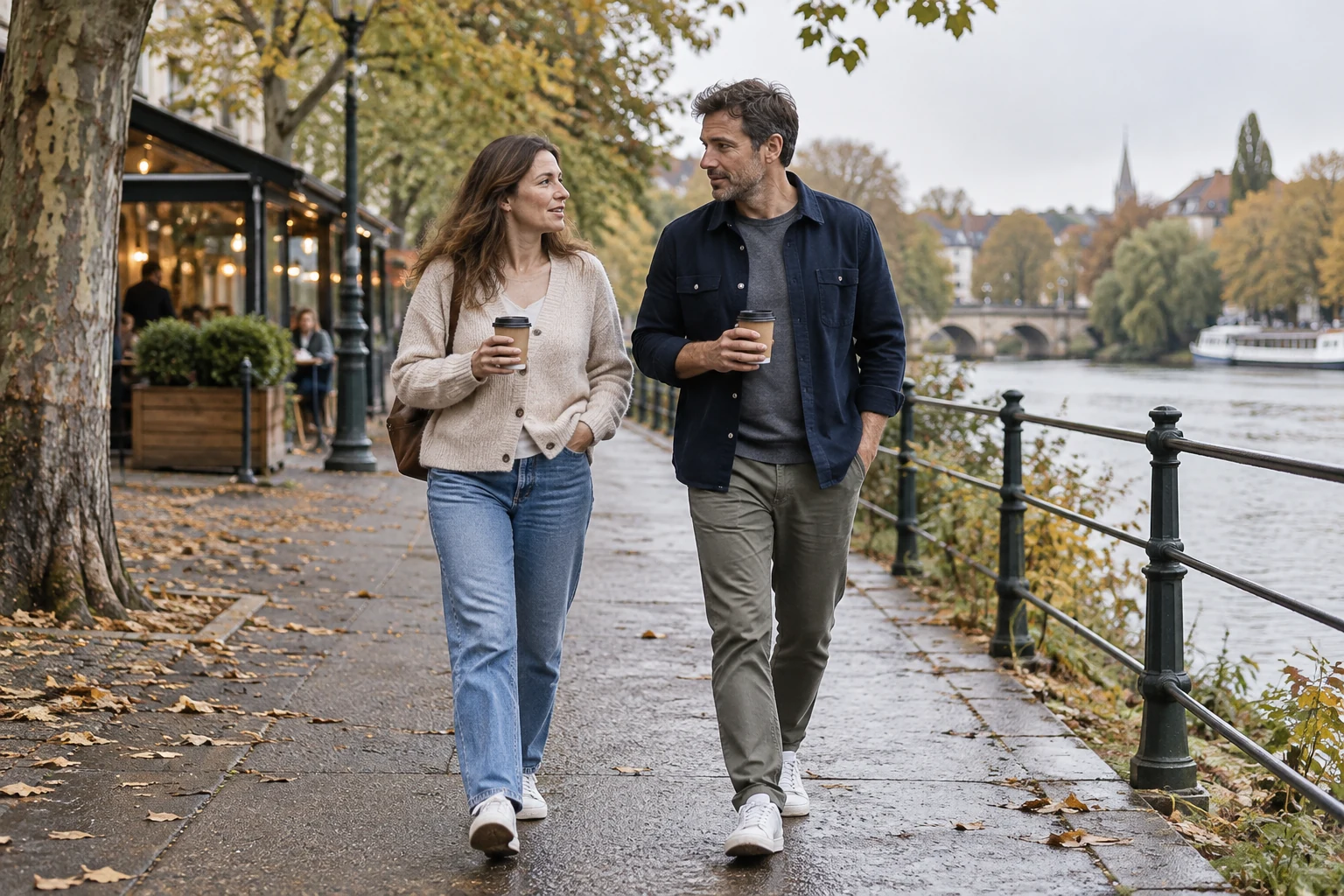 Two adults walking beside a river with takeaway coffees, talking during a relaxed daytime date