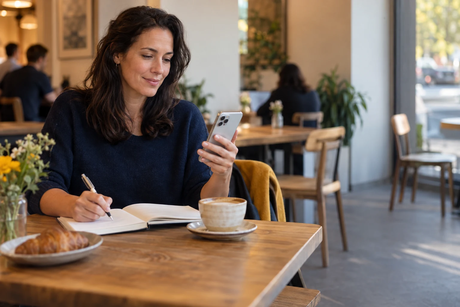 A woman comparing dating options on her phone while writing notes in a cafe